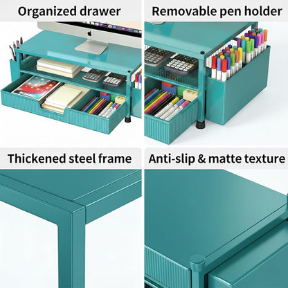 ECOLOVI Desk Organizer and Accessories, 2-Tier Computer Monitor Stand Rise with Storage Drawer & 2 Pen Holders, Laptop & Printer Stand for Desktop, Workspace Organizers for Office Supplies (Blue)