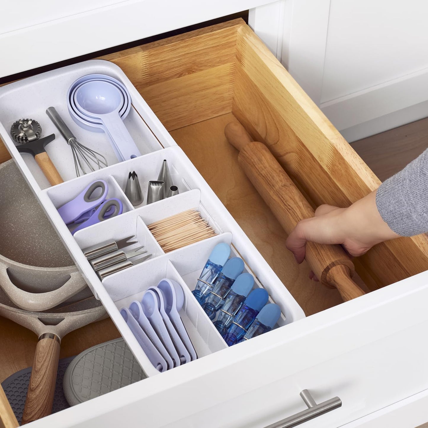 YouCopia DrawerFit Sliding Drawer Tray with Adjustable Dividers, Expandable Kitchen Storage Organizer, Speckled White