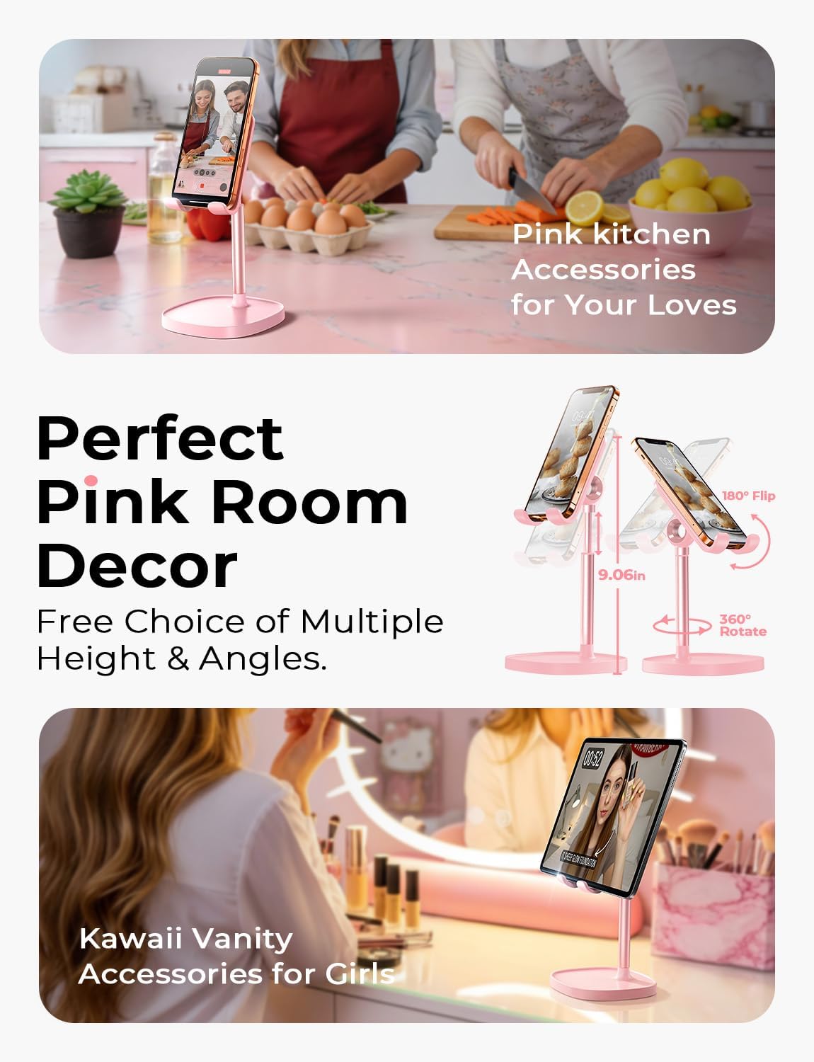 LISEN Cell Phone Stand Phone Holder for Desk Office Decor, Office Desk Accessories Women PC Gaming Essentials iPhone Stand Gadgets Men Gifts for Mom Fit OtterBox Case Switch iPad Air Tablet 4-10 in