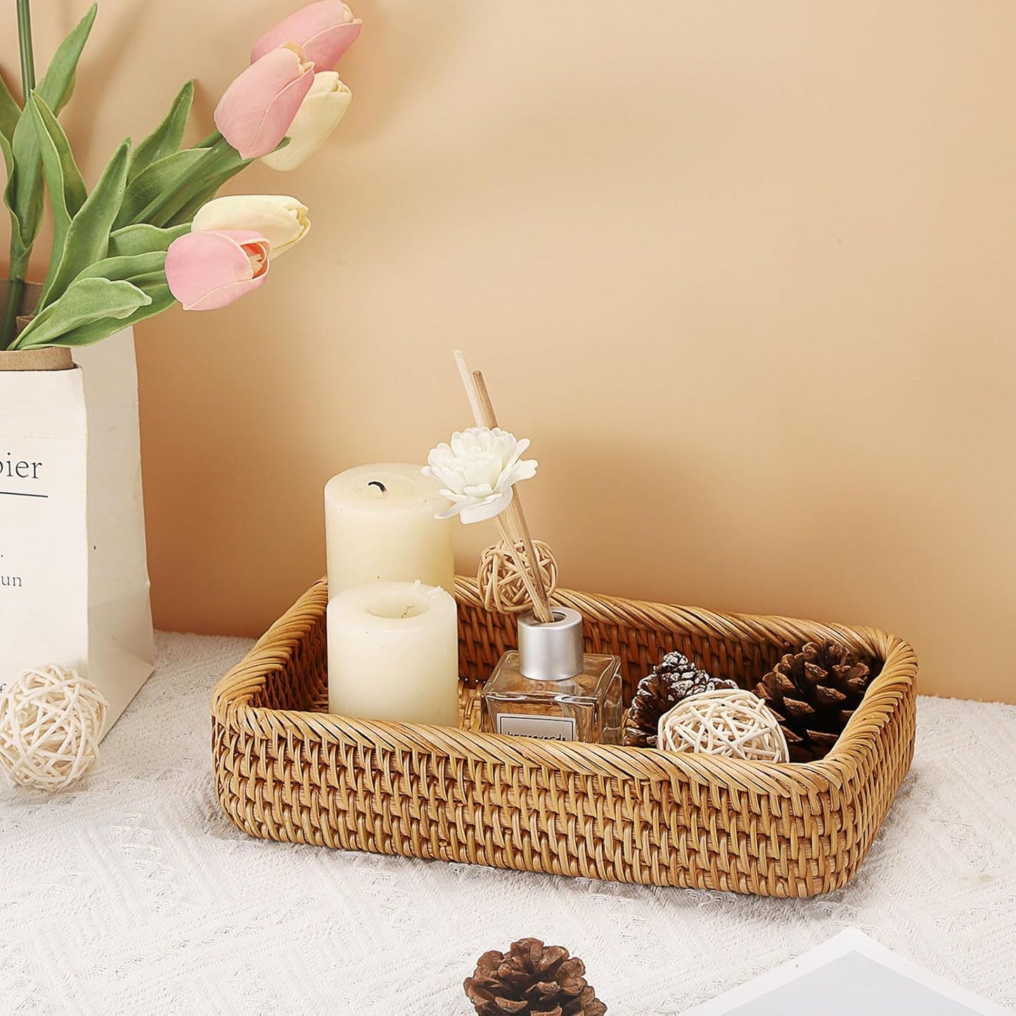 Hipiwe Key Basket Tray for Entryway Table Rattan Serving Tray Handwoven Wicker Baskets Vanity Trays Square Decorative Fruit Trays for Kitchen Counter Bedside Living Room Bathroom, 8.1"