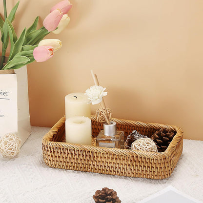 Hipiwe Key Basket Tray for Entryway Table Rattan Serving Tray Handwoven Wicker Baskets Vanity Trays Square Decorative Fruit Trays for Kitchen Counter Bedside Living Room Bathroom, 8.1"