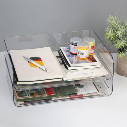 2 Pack Stackable Desk Letter Paper Tray, A4 Clear Plastic Desk File Organizer Letter Tray, Desktop File Paper Organizer with Anti-Skid Design for Office Desktop