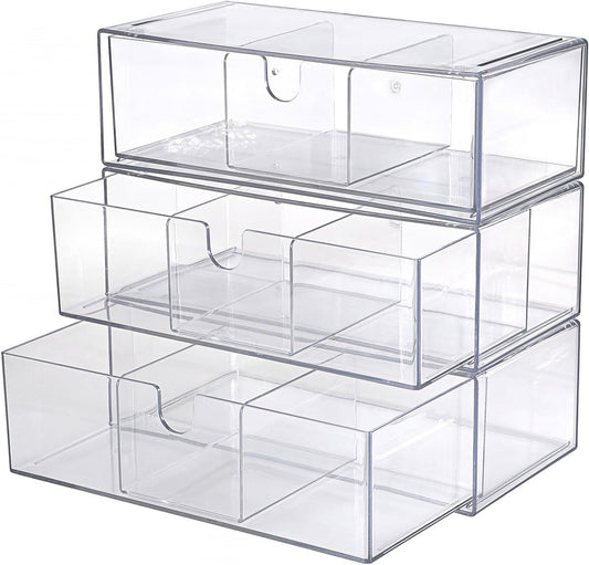 Acrylic Pencil Drawer with Removable Dividers Clear Pull Out Pen Drawer Organizer Stackable Bathroom Organizer for Makeup, Cosmetics, Office Supplies,3 Pack