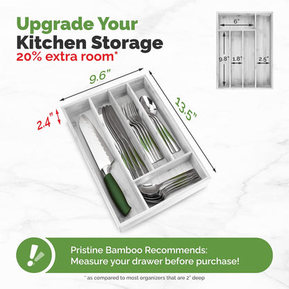 Pristine Bamboo Expandable Drawer Organizers for Kitchen - Extra Deep Non-Slip 17” x 14.6” (expands up to 25 inches) - Dark Wooden Silverware Divider (10 Compartments) – Organize Cooking Utensils