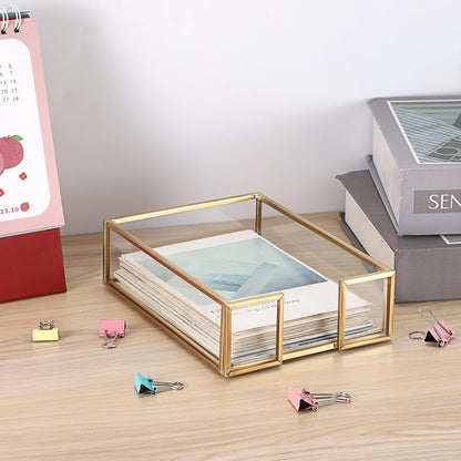 BTSKY Golden Glass 3x3 Inch Sticky Note Holder with Pen Slot, Elegant Post It Note Dispenser with Non-Slip Pads Clear Notepad Holder for Desk Organization Planning, Home Office Decor
