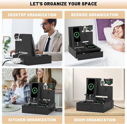 Wood Phone Docking Station with USB Ports and Outlets, Nightstand Organizer with Charging Station, Bedside Organizer with Drawer for Watch & Accessories, Christmas Anniversary Birthday Gifts for Men