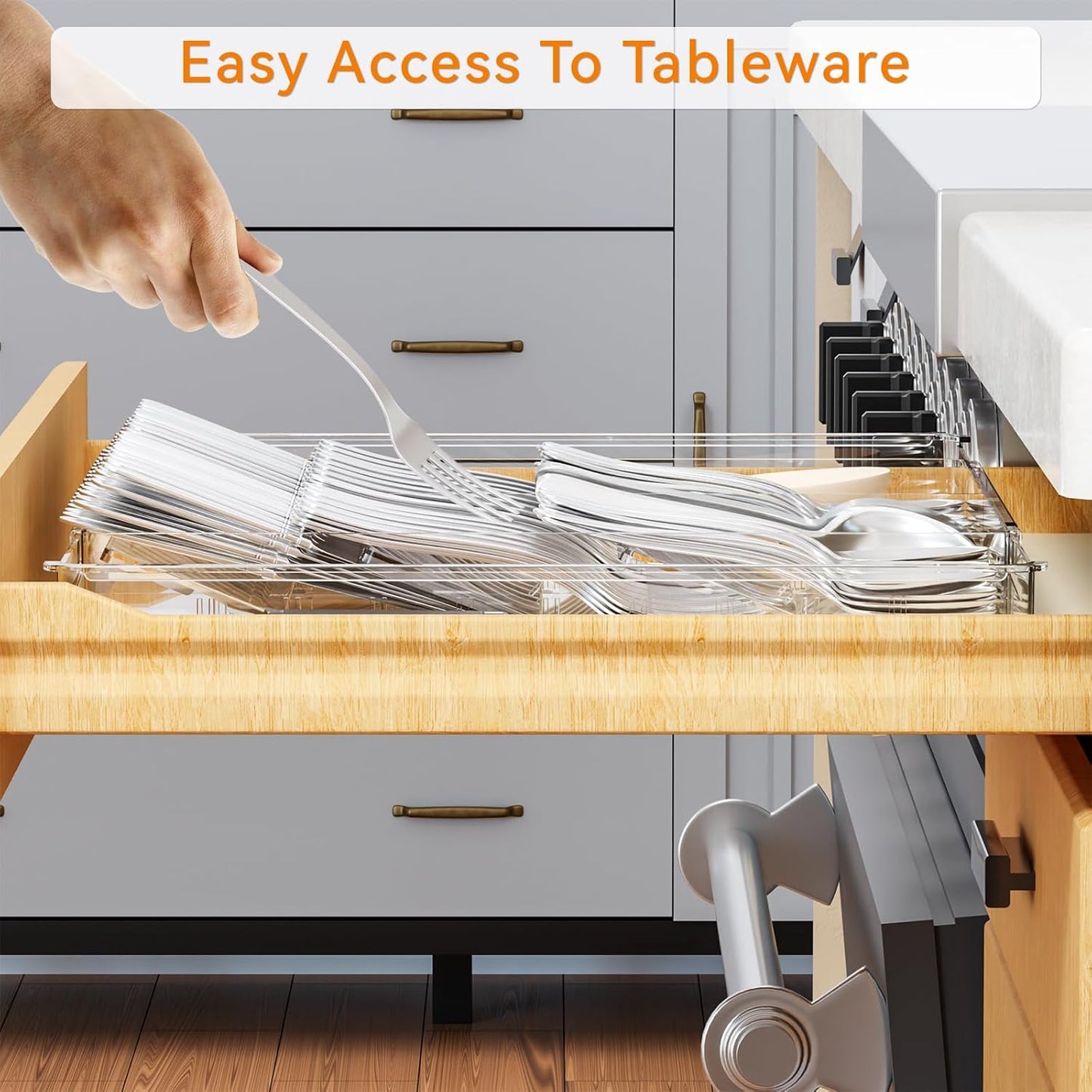 Yieach Clear Expandable Silverware Drawer Organizer - Adjust From 11'' to 22'' - Knife,Cutlery,Spoons and Forks Organizer,Large 8 Grid Flatware,Silverware Tray,Utensil Organizer for Kitchen Drawers