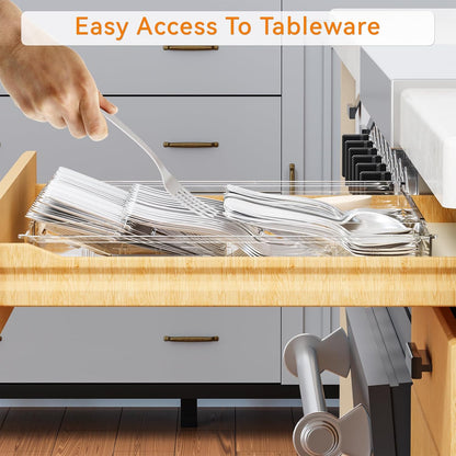 Yieach Clear Expandable Silverware Drawer Organizer - Adjust From 11'' to 22'' - Knife,Cutlery,Spoons and Forks Organizer,Large 8 Grid Flatware,Silverware Tray,Utensil Organizer for Kitchen Drawers