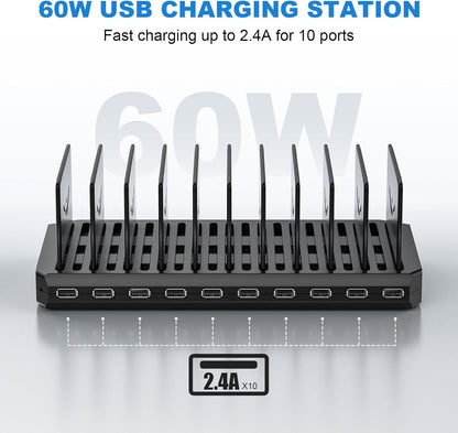Charging Station for Multiple Devices, Cinlinso 60W 10 Port USB Fast Charging Station with Adjustable Dividers, Compatible with iPhone, iPad, Tablets and Cell Phone (Black)
