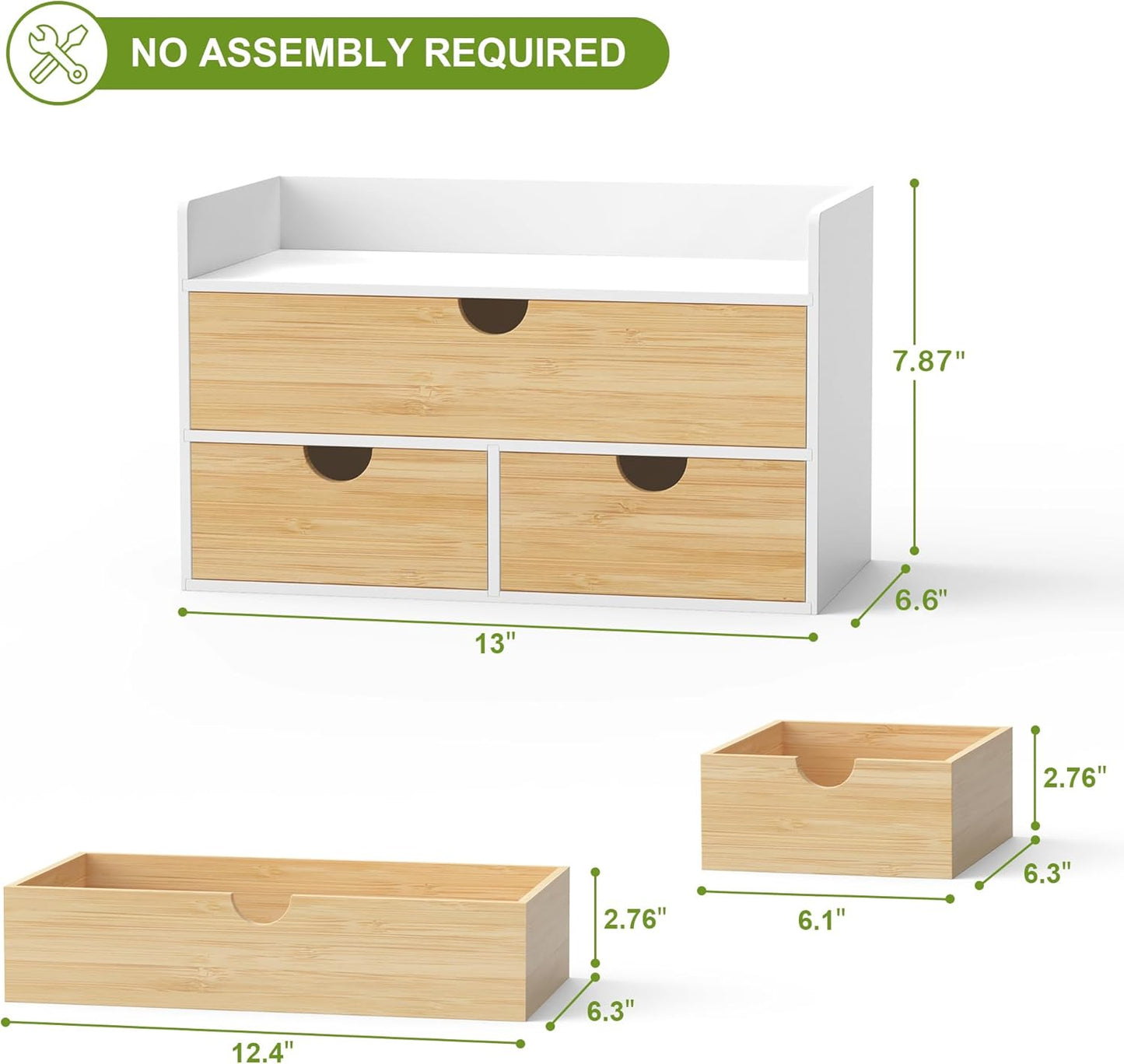 Desk Organizer with Drawers - Bamboo Desktop Organizer Storage | Wood Desk Drawers Organizer for Bills, Office Supplies, Cosmetics, Seals No Assembly Required (3 Drawer with Big Drawer)