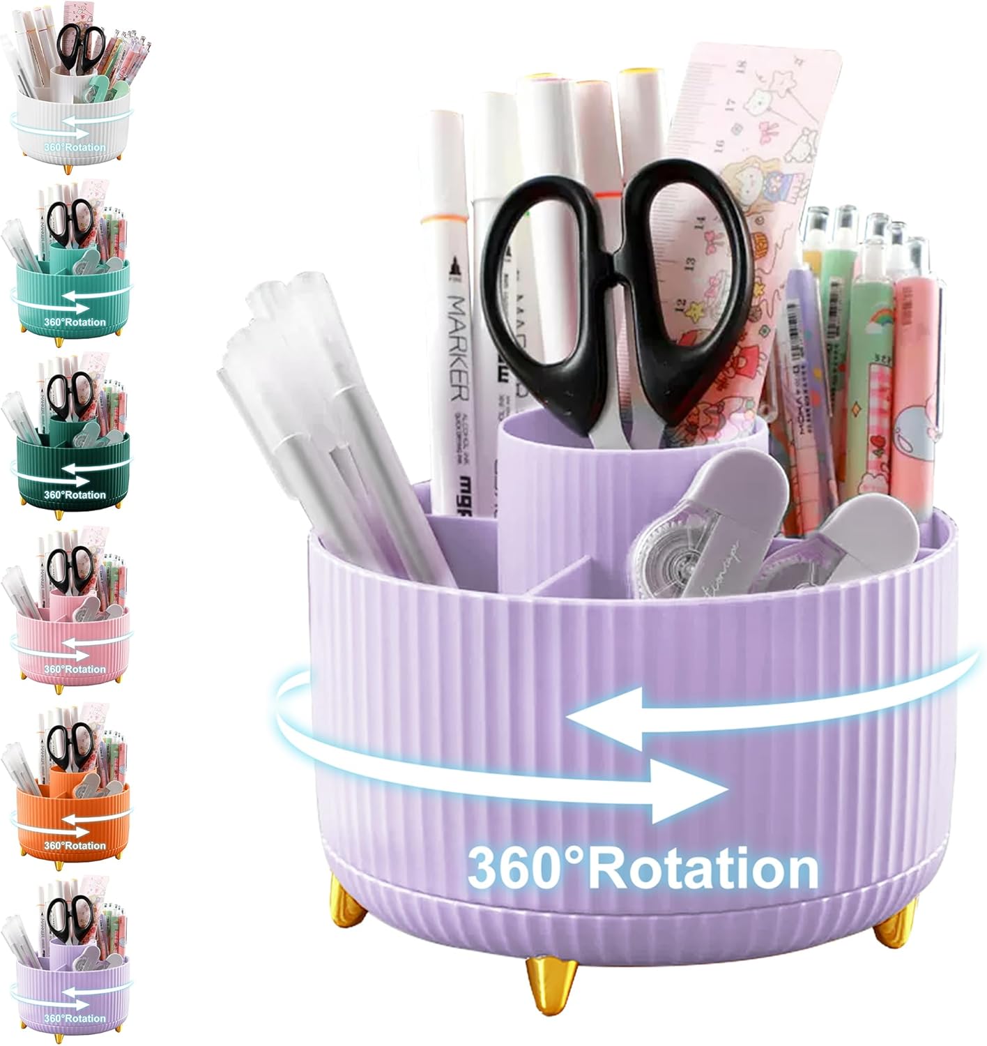 Cayxenful Pencil Holder For Desk,5 Slots 360°Degree Rotating Desk Organizers And Accessories,Desktop Storage Stationery Supplies Organizer, Cute Pencil Cup Pot For Office, School, Home (B-White)
