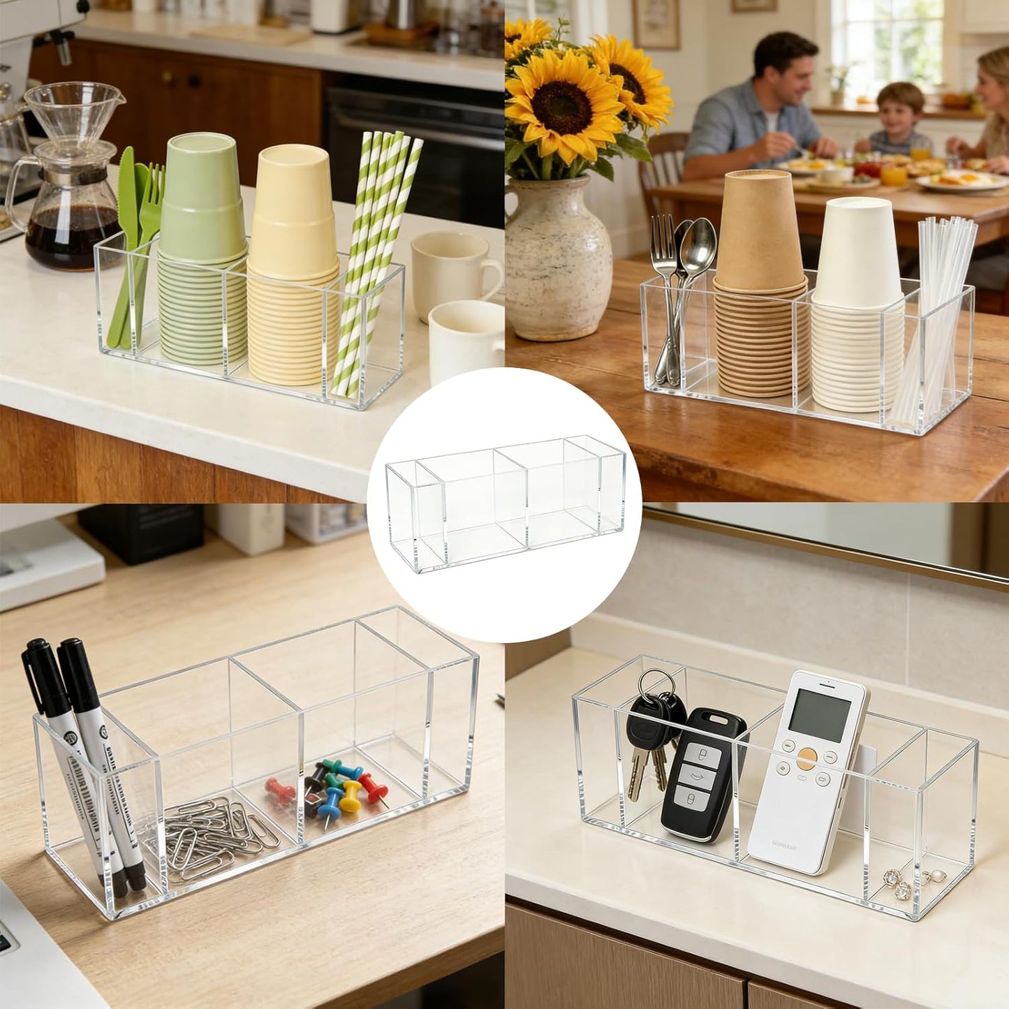 2 Pack Acrylic 3-Compartment Organizer Box, Storage Box with Lid, Clear Pen Holder Organizer Makeup Brush Holder for Office Desk Accessories, Cosmetic Brush Storage Box, Dorm, Bathroom, Kitchen