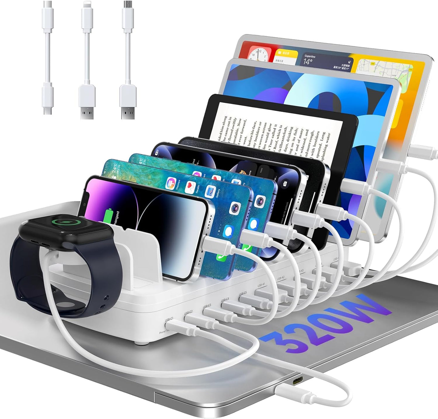 320W Charging Station for Multiple Devices, 10 Ports Fast Multi-Device Charger Organizer Compatible with MacBook Pro Laptop, iPhone, Android, Ipad, Tablet, Kindle, Family Multi-Device Charging Dock
