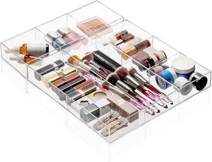 Peohud 2 Pack Acrylic Drawer Organizer Tray, 6/3 Section Clear Makeup Tray Organizer for Drawer, Junk Drawer Storage for Office Desk Supplies and Accessories