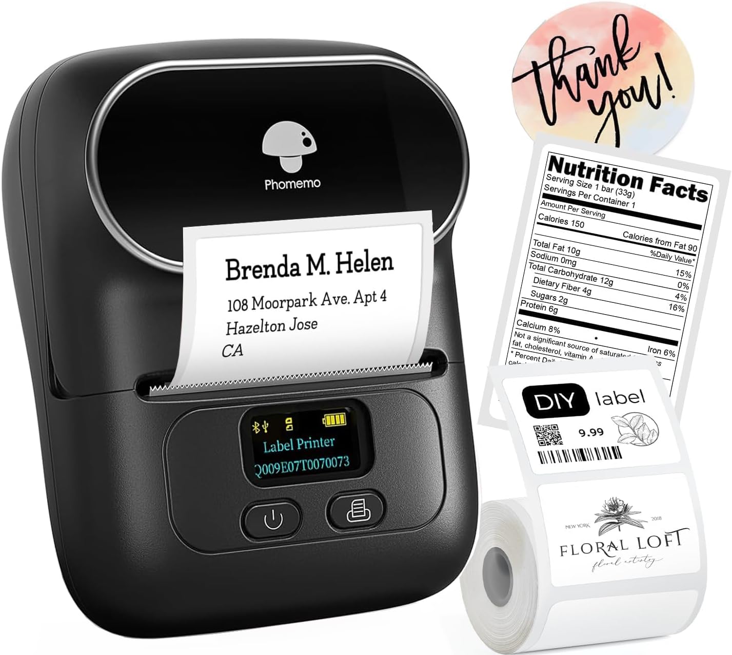 Phomemo Label Printer M110- Small Address Label Maker Bluetooth No Ink Portable for Small Business, Address, Office, Home for Phone; for PC/Mac(USB), with 100 Labels, Baby Pink