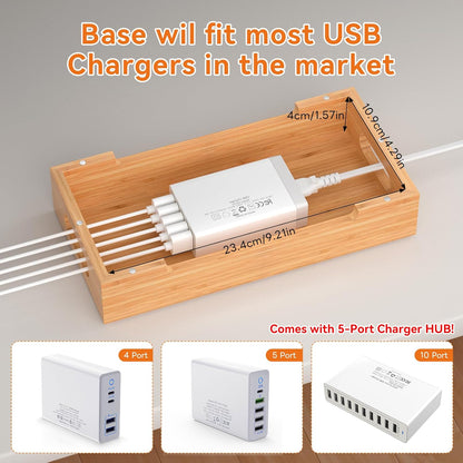 Pezin & Hulin Bamboo Charging Station with Watch Stand, Docking Holder for Multi Device with 5 Port USB Charger HUB, 5 Charge Cables, Desktop Electronic Organizer for Cellphone, Tablet, Watch