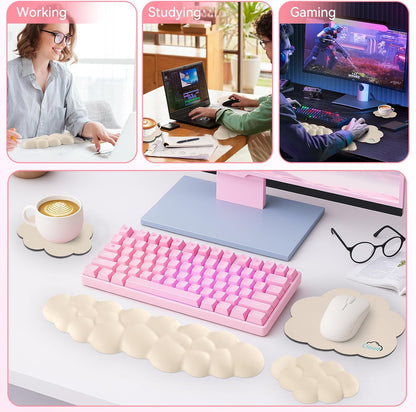 Sushret Cloud Wrist Rest for Computer Keyboard, 4-in-1 Memory Foam Leather Cloud Keyboard Wrist Rest and Mouse Pad Set with Ergonomic Support for Arm and Palm Cushion, Gaming/Work Setup, Rainbow