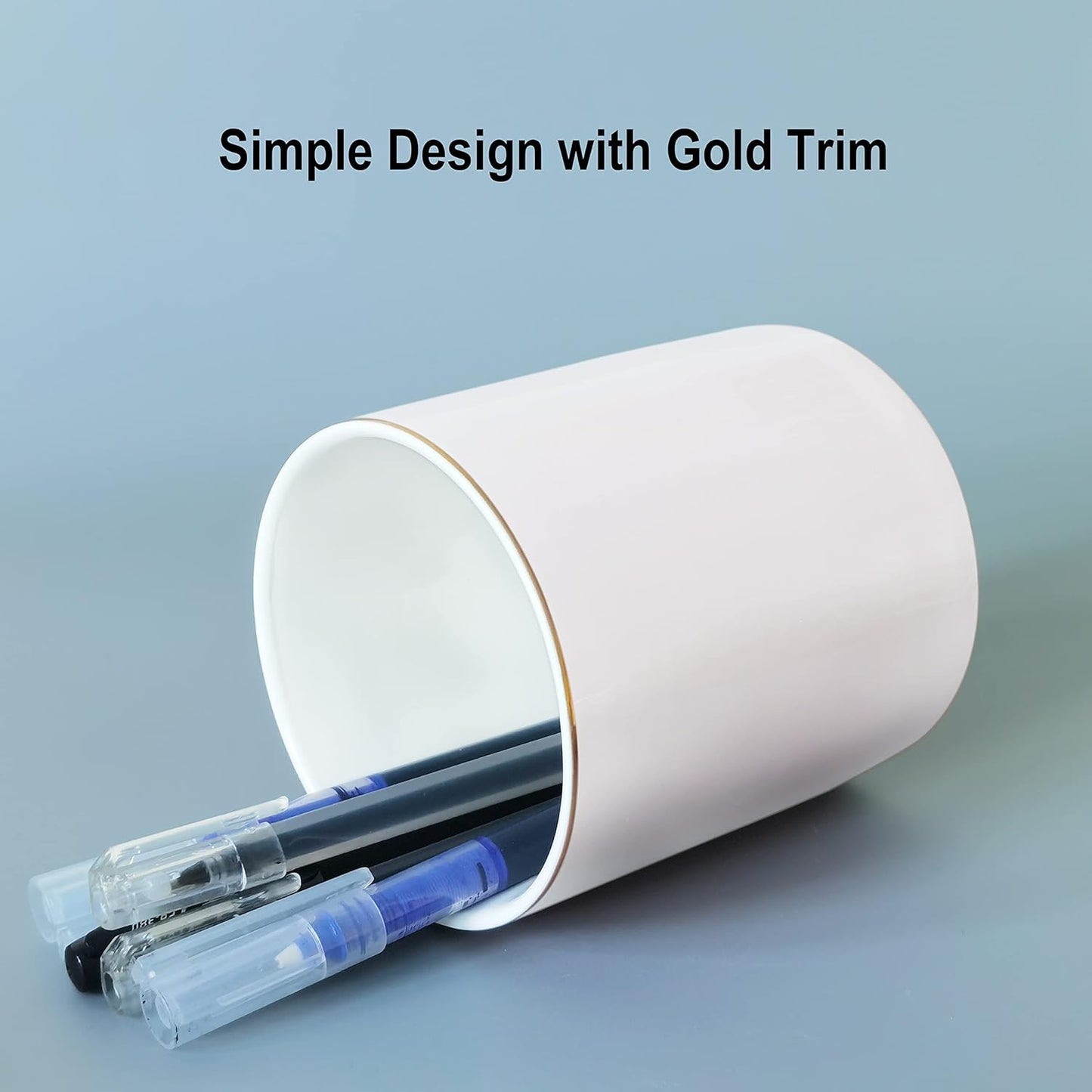 HANKOR Ceramic Pencil Holder for Desk - Cute Gold Trim Pen Aesthetic Makeup Brush Cup Holder Organizer for Desktop Storage Stationery Office Home Supplies, White