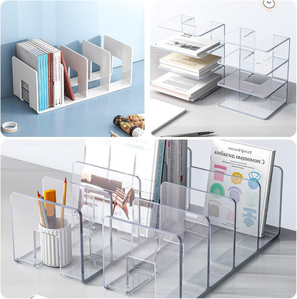 2PCS Acrylic File Organizer for Desk, Desktop Document/Mail Organizer, 4 Compartments Plastics Invisible Bookshelf Floating (12.5" x 5.7" x 5", Black)