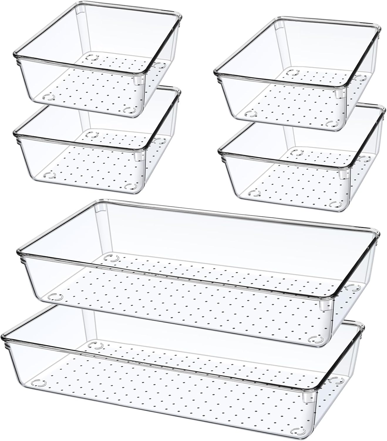 6 Pack Drawer Organizers, Plastic Clear Acrylic Non Slip Non Cracking kitchen drawer organizer Stackable Bathroom Drawer Organizer Trays, Storage Bins for Makeup, Bathroom, Kitchen Office