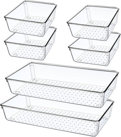 6 Pack Drawer Organizers, Plastic Clear Acrylic Non Slip Non Cracking kitchen drawer organizer Stackable Bathroom Drawer Organizer Trays, Storage Bins for Makeup, Bathroom, Kitchen Office