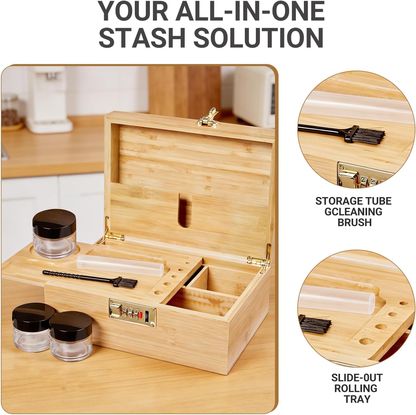 Bamboo Wood Desktop Organizer with 3 Glass Jars and Sliding Tray - Red Multi-Compartment Storage Case for Craft Supplies, Stationery, and Small Accessories (Pink)