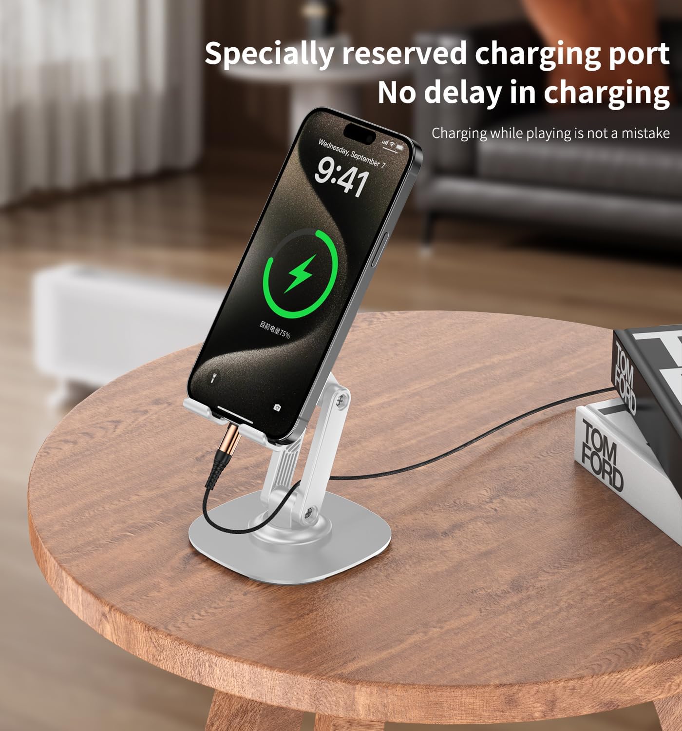 360° Rotating Cell Phone Stand for Desk, Adjustable & Foldable Phone Holder, Aluminum Desktop Phone Stand with Anti-Slip Base, Compatible with iPhone, iPad, Android Phones, K69-Black