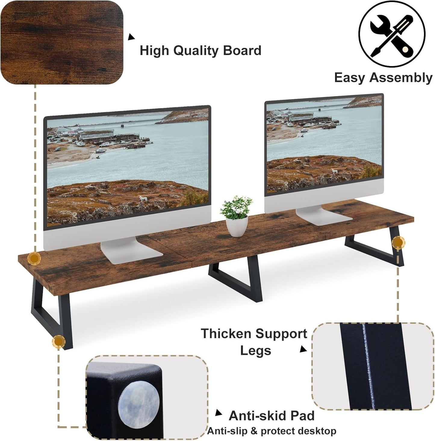 TEAMIX 42 inch Large [Dual] [Monitor] [Riser],Rustic Brown Extra Long TV [Stand Wood & Steel Desktop [Riser] with Storage for [Dual] Screen Office Desk Organization