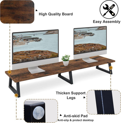 TEAMIX 42 inch Large [Dual] [Monitor] [Riser],Rustic Brown Extra Long TV [Stand Wood & Steel Desktop [Riser] with Storage for [Dual] Screen Office Desk Organization