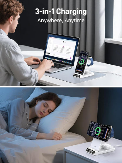 3 in 1 Charging Station for Apple, ELECDOV Magnetic Charger for iPhone, Foldable Wireless Charger with Clock, Travel Watch Charger Stand for iPhone 17/Air/16/15 Series, iWatch 10/AirPods 4 (Grey)