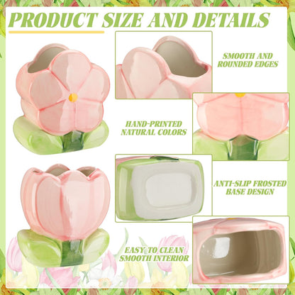 2 Pcs Pink Flower Ceramic Pen Holder Cute Tulip Pencil Holder Aesthetic Flower Makeup Brush Vase Decorative Desktop Organizer Birthday Gift for Women Office Home Wedding Party Decor