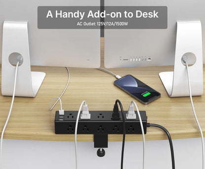 CCCEI Standing Desk Clamp Power Strip with 15 Outlets, Widely Spaced Desktop Edge Mount Surge Protector Outlet, Fast Charging USB-A and USB-C Ports, 6 FT Flat Plug, Black Fit 1.6 inch Table top.
