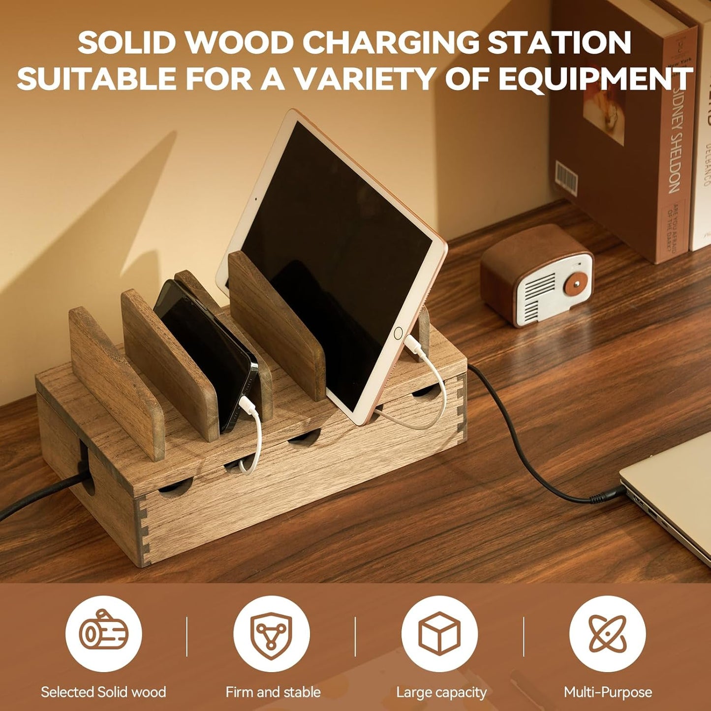 KIRIGEN Wood Charging Station Rack Organizer for Multiple Devices Desktop Organizer with 5 Ports for Cell Phones, Tablets, Earphones Wooden Cable Management DDXH-NA