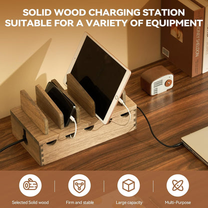 KIRIGEN Wood Charging Station Rack Organizer for Multiple Devices Desktop Organizer with 5 Ports for Cell Phones, Tablets, Earphones Wooden Cable Management DDXH-NA