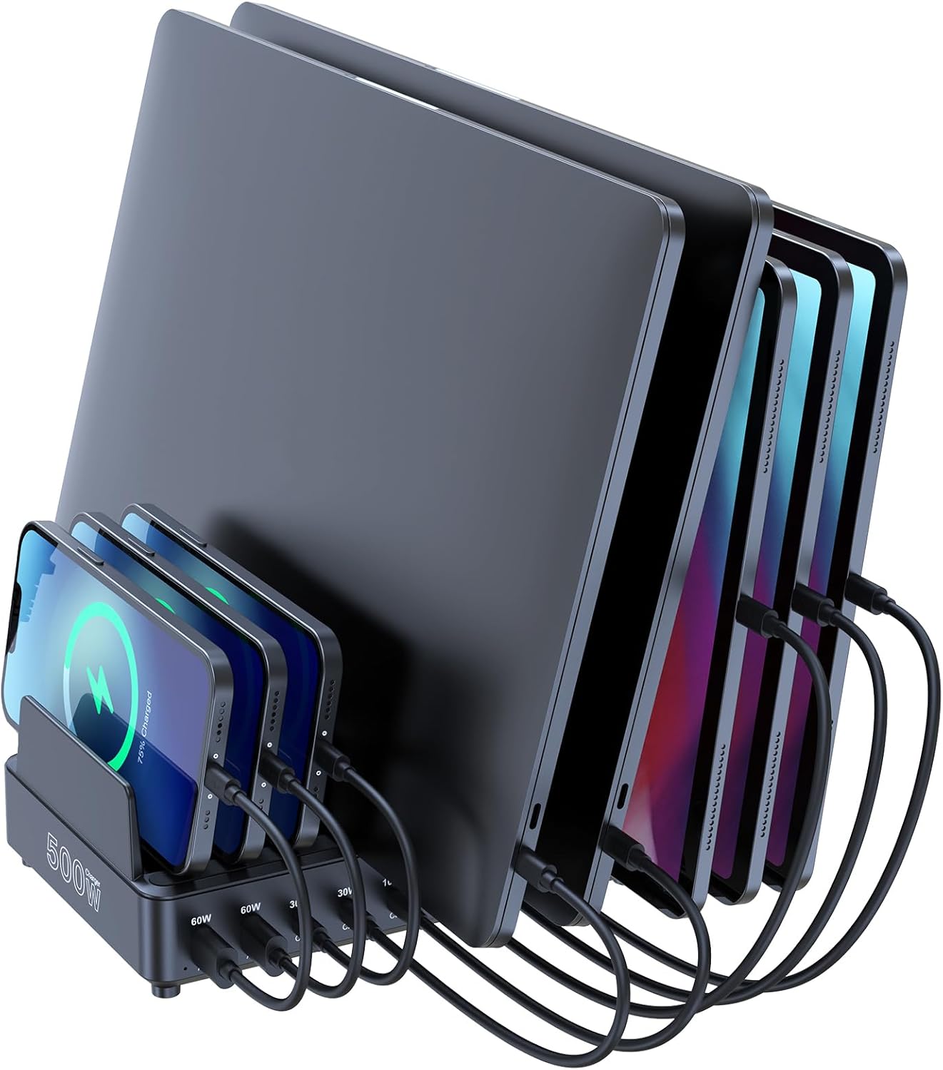 chipofy 500W Charging Station for Multiple Devices, 10-Port Multi USB C Fast Charger Station with Organizer Stand for MacBook Laptop, iPad, iPhone 17 16 Pro Max, Galaxy S25/S24 and More