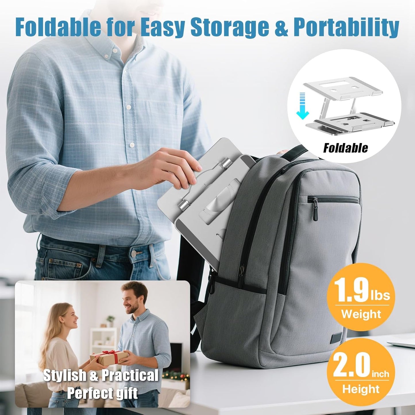 Laptop Stand for Desk, Adjustable Height & Angle Portable Aluminum Laptop Riser & Monitor Stand with 360° Swivel, Foldable Ergonomic Computer Stand for 10-17 Inch Laptops (MacBook/Dell/HP), Silver.