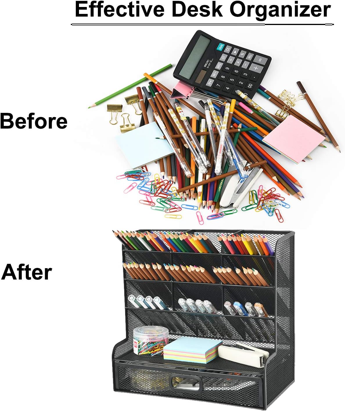 Marbrasse Mesh Pen Holder for Desk, Multi-Functional Pencil Organizer with Drawer, Desk Organizers and Accessories for Office Art Supplies (Black)