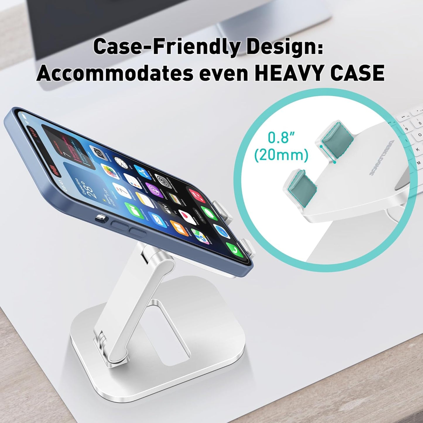 Cell Phone Stand for Desk, Foldable & Adjustable Aluminum Phone Holder Dock - Portable Travel Case Friendly Desktop Cradle for iPhone 17 16 Pro Max Plus Air, Samsung S25 S24, Kindle（White）