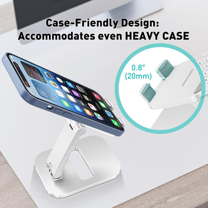 Cell Phone Stand for Desk, Foldable & Adjustable Aluminum Phone Holder Dock - Portable Travel Case Friendly Desktop Cradle for iPhone 17 16 Pro Max Plus Air, Samsung S25 S24, Kindle（White）