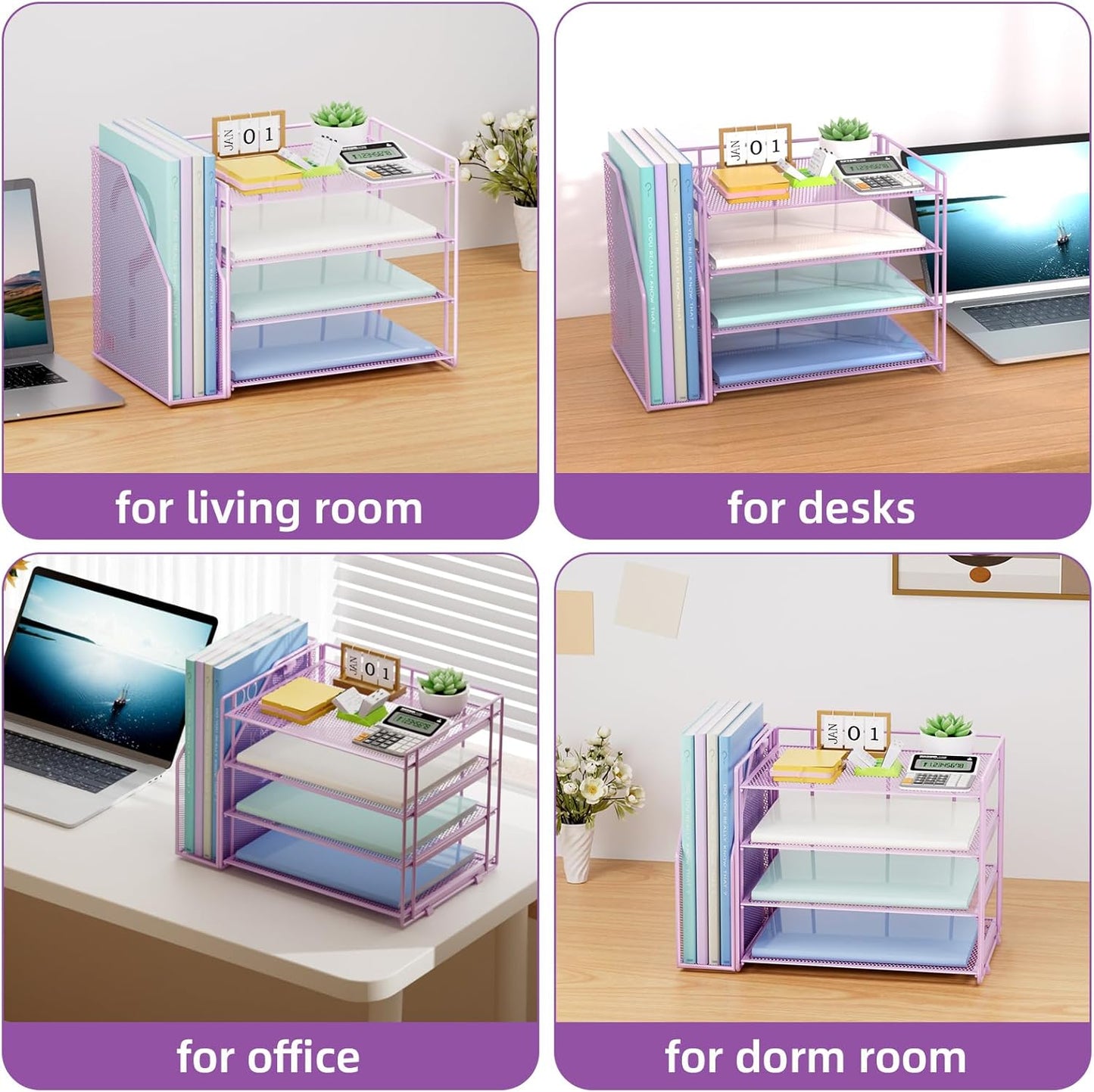 Marbrasse Desk Organizer and Accessories，4-Tier Paper Letter Tray Organizer with File Holder，Desk Accessories & Workspace Desktop Organizers for School Home Office Supplies (Blue)