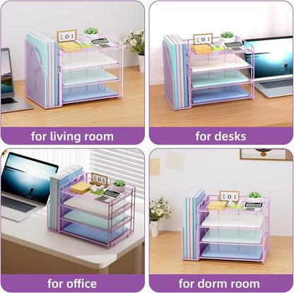 Marbrasse Desk Organizer and Accessories，4-Tier Paper Letter Tray Organizer with File Holder，Desk Accessories & Workspace Desktop Organizers for School Home Office Supplies (Blue)