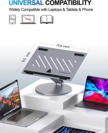 YICOSUN Adjustable Laptop Stand for Desk - 360° Rotating Ergonomic Riser with Aluminum Cooling Vents & Sturdy Construction for 10-16 Inch MacBook Pro/Air, Foldable Portable for Office & Home - Gray