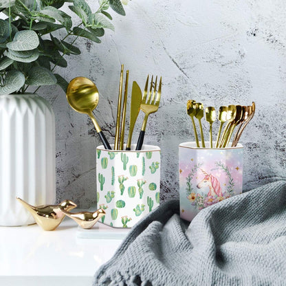 WAVEYU Ceramic Pen Holder for Desk Cute, Pencil Cup Pot Desk Organizer, Makeup Brush Holder for Women, Men, Kids, Desk Marble Decor for Office, Classroom, Home, Gray Golden