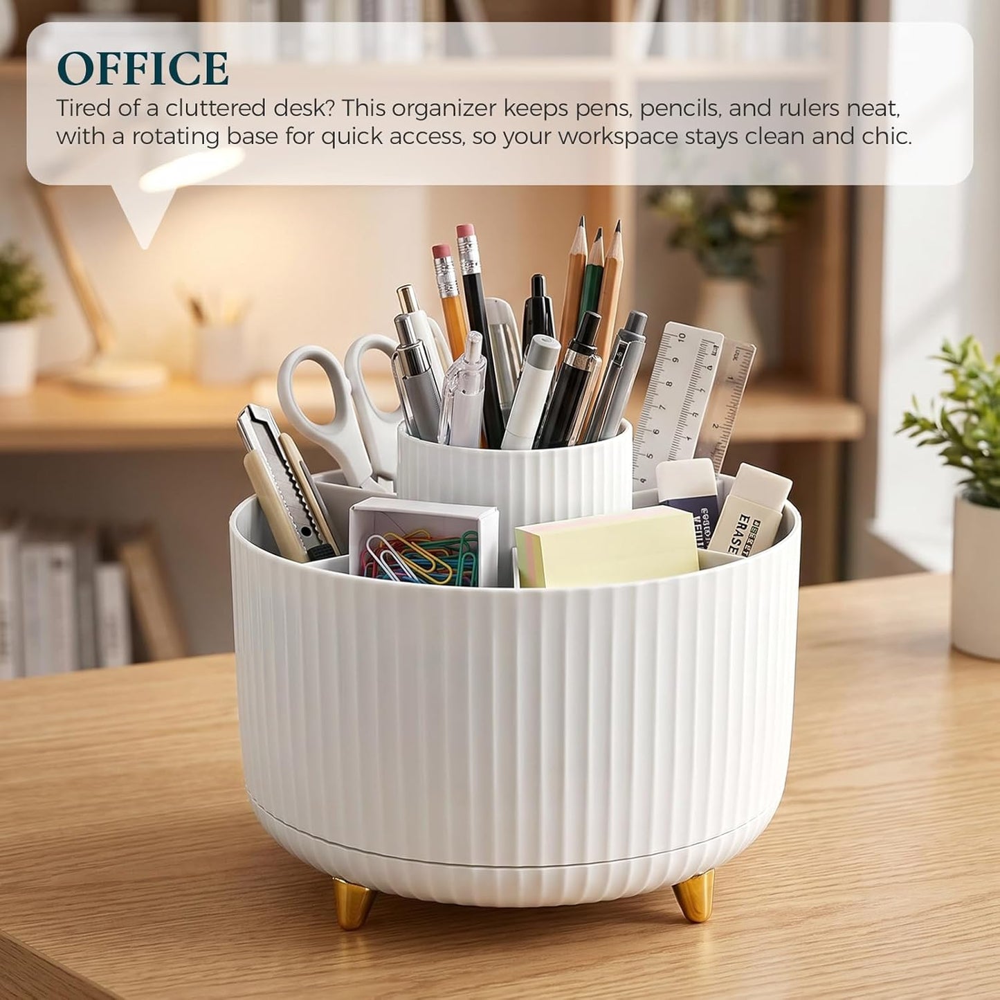 KONVINIT Pencil Pen Holder for Desk, 5 Slots 360 - Degree Rotating Desktop Organizer, Cute Desk Organizers and Accessories for School, Home, Office and Art Supply, Beige