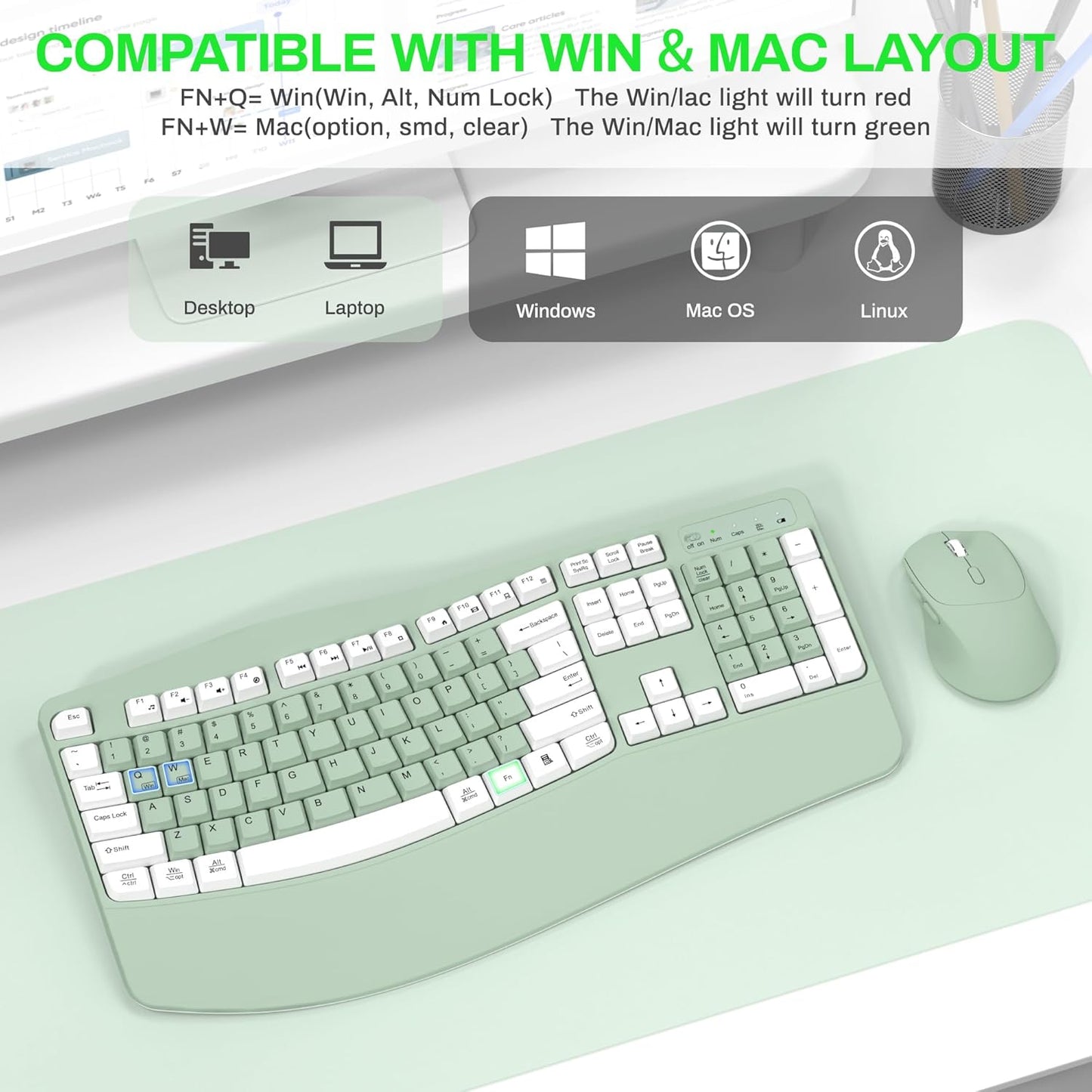 Wireless Keyboard and Mouse Combo,2.4G Full Size Wave Keys Ergonomic Keyboard with Wrist Rest for Natural Typing, 3 DPI Adjustable Ergonomic Silent Mouse for Computer/Laptop/Windows/Mac (Gray)