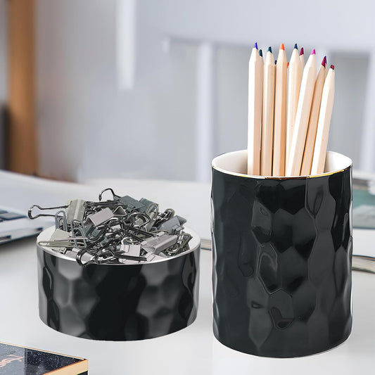 Aesthetic Desk Accessories Set of 2 For Your Office Desk Decor - Sturdy Concrete Desktop Accessories For Women or Men Enhance Any Office Decor - Set incl. Ceramic Pen Holder and Paper Clip Holder