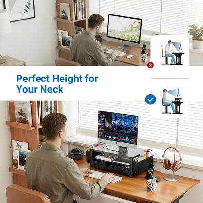 OPNICE Desk Organizer and Accessories, 2-Tier Computer Monitor Stand Riser with Drawer and 2 Pen Holders, Laptop Stand, Office Desk Accessories for Office Supplies, Black