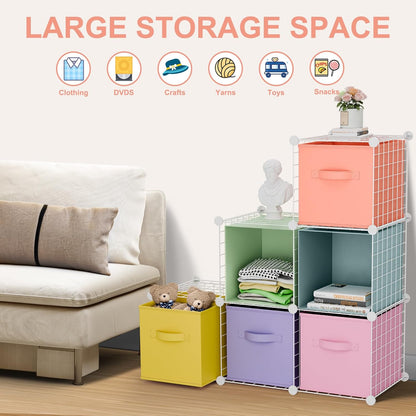 Leinuosen 6 Cube Storage Organizer with Fabric Bins, Wire Grid Stackable Shelves, Modular Storage Units for Bedroom Living Room Office Toys Book Craft(Black,Gray)