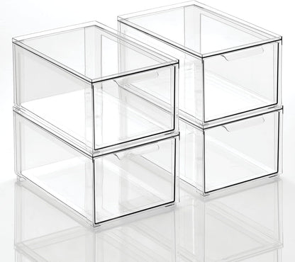 mDesign Plastic Stackable Closet Storage Organizer Bin Containers with Front Pull Drawer for Cabinet, Desk, Shelf, Cupboard, or Dresser Organization - Lumiere Collection - Clear