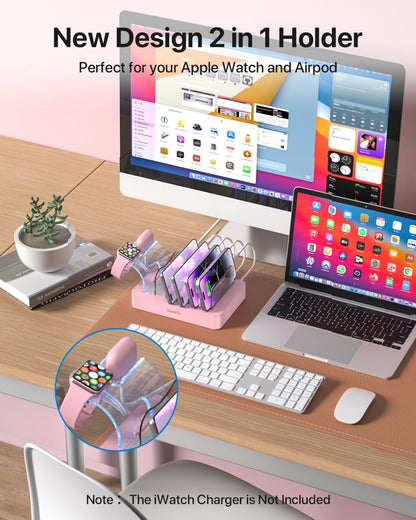 SooPii Premium 6-Port USB Charging Station Organizer for Multiple Devices, 6 Short Charging Cables and One Upgraded i-Watch Charger Holder Included, for Phones, Tablets, and Other Electronics, White